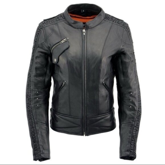 Milwaukee Leather Jacket JMLL2571 Black Crinkled Arm Motorcycle Bomber Goatskin - Picture 1 of 16